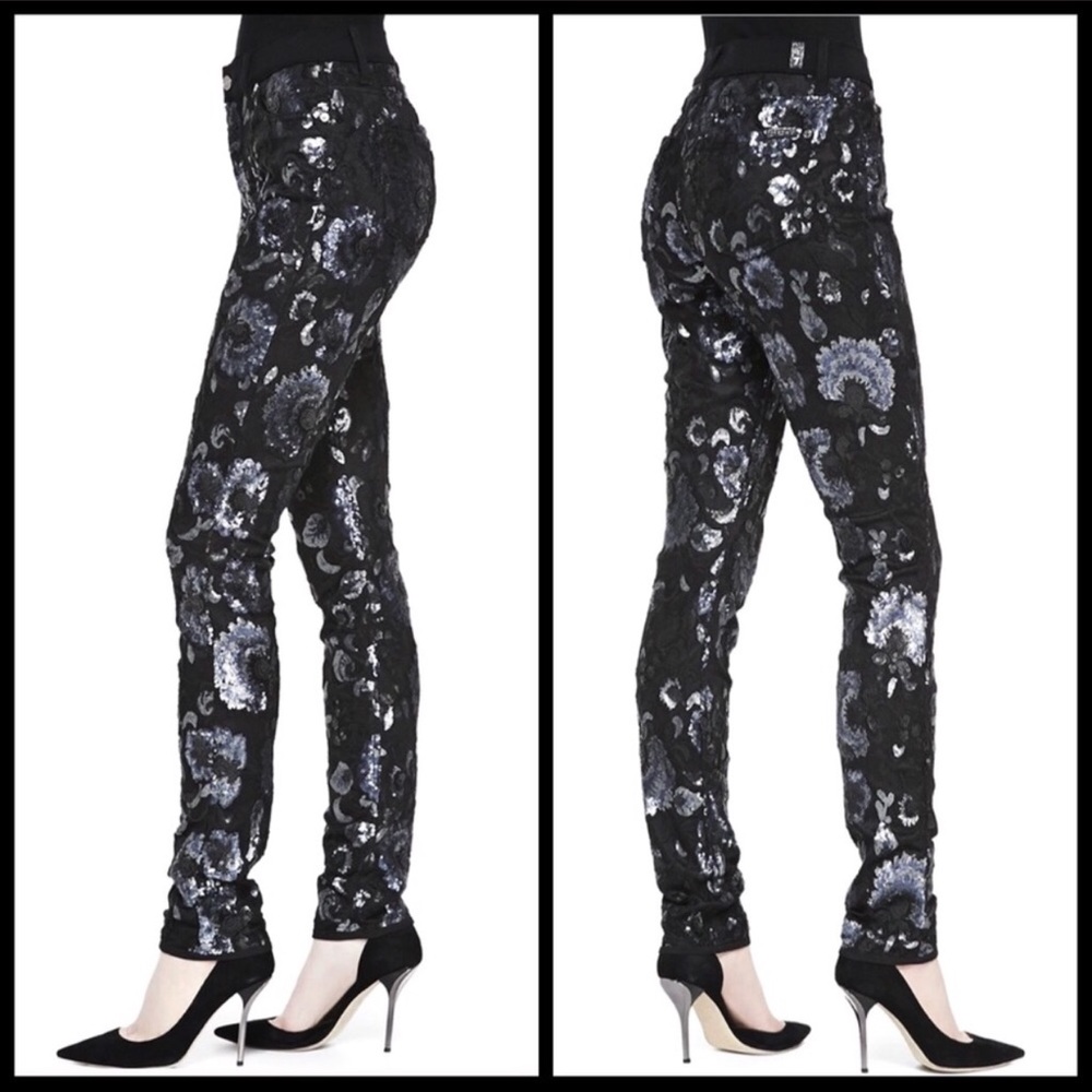 7FAM black sequin floral textured skinny jeans